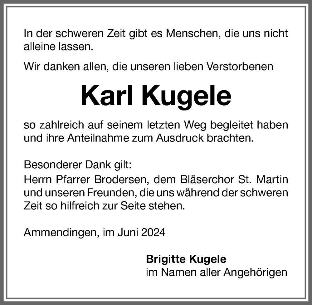 Traueranzeige von Karl Kugele von Memminger Zeitung