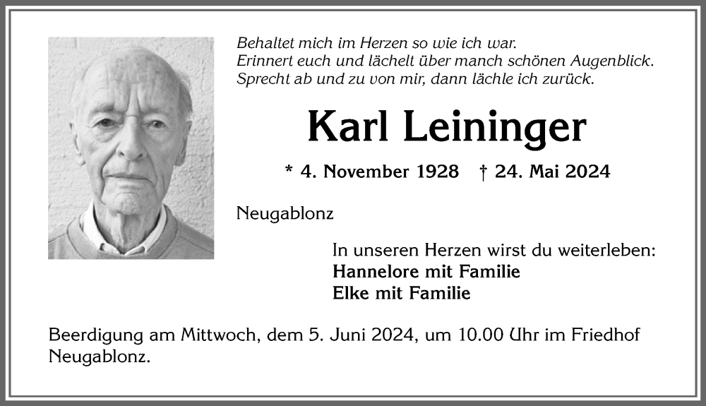 Traueranzeige von Karl Leininger von Allgäuer Zeitung, Kaufbeuren/Buchloe