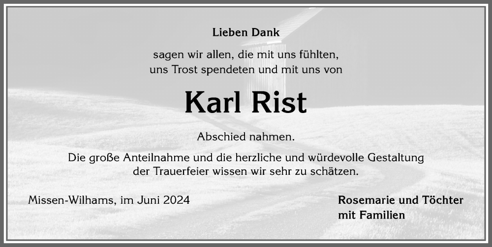 Traueranzeige von Karl Rist von Allgäuer Anzeigeblatt