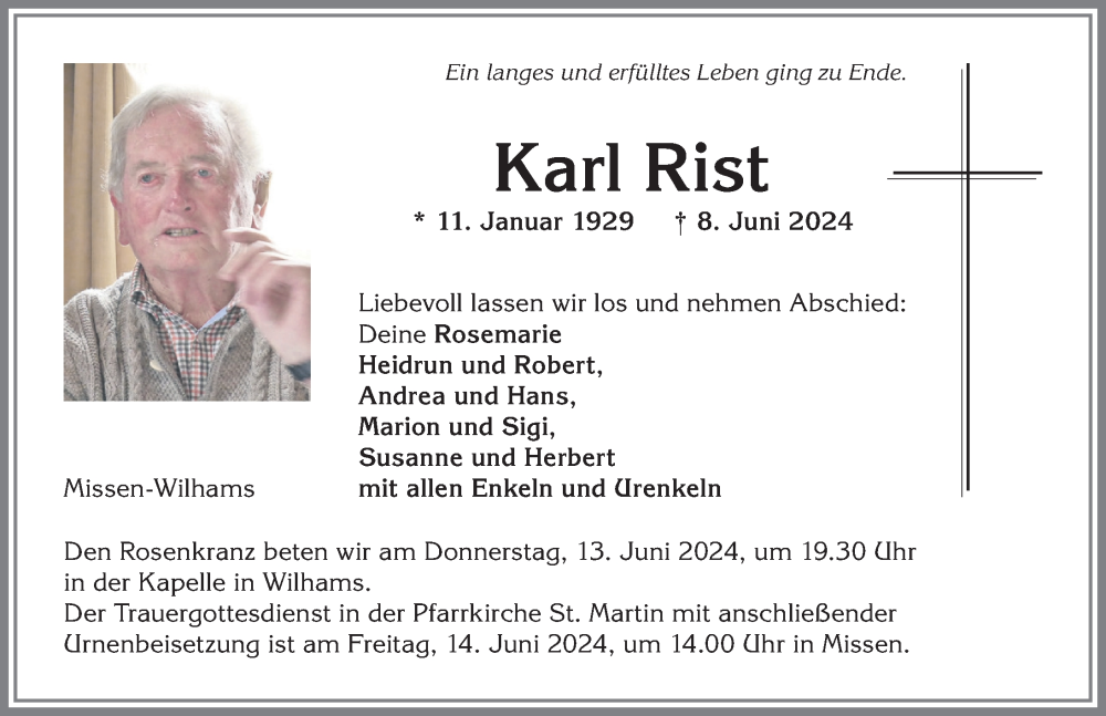 Traueranzeige von Karl Rist von Allgäuer Anzeigeblatt