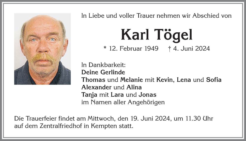 Traueranzeige von Karl Tögel von Allgäuer Zeitung,Kempten