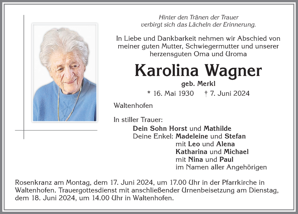 Traueranzeige von Karolina Wagner von Allgäuer Zeitung,Kempten