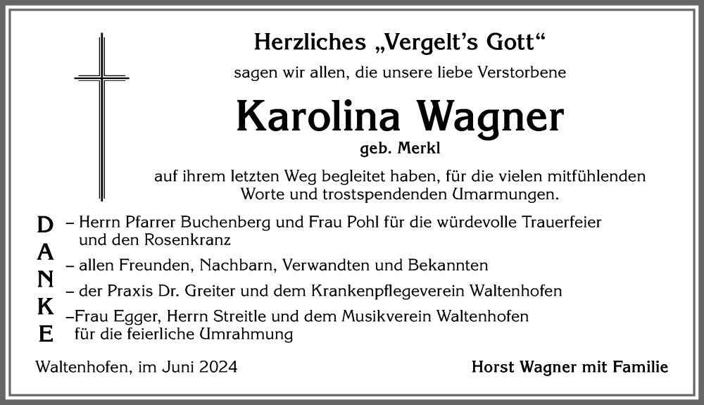 Traueranzeige von Karolina Wagner von Allgäuer Zeitung,Kempten