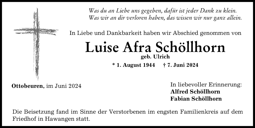 Traueranzeige von Luise Afra Schöllhorn von Memminger Zeitung