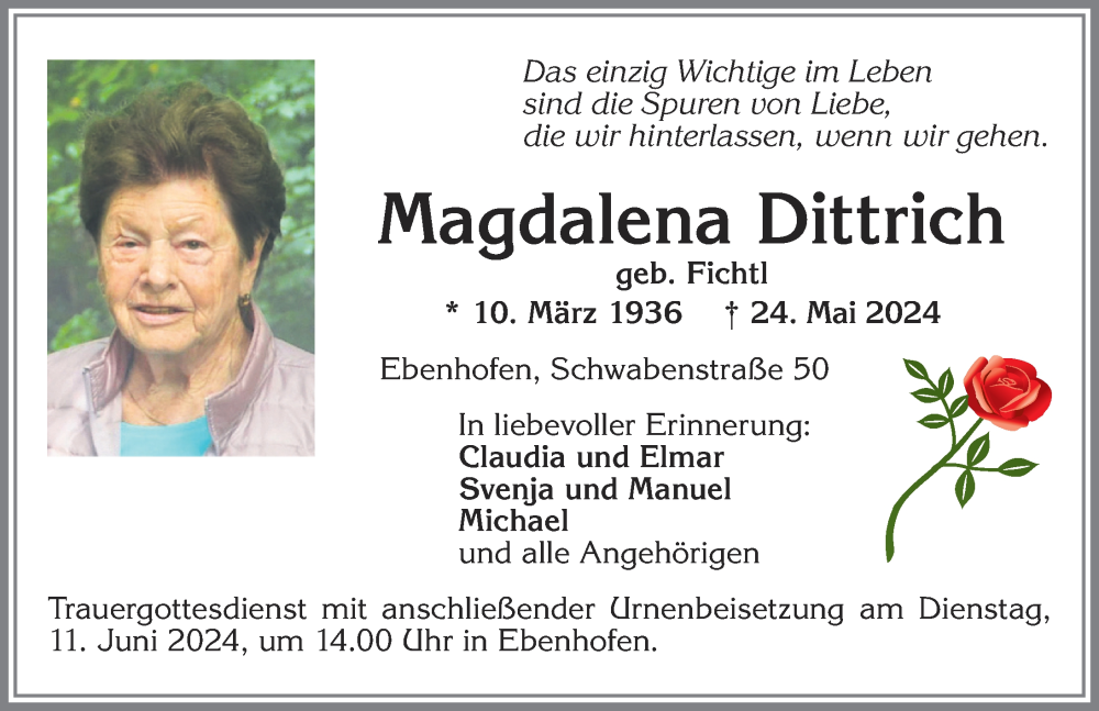 Traueranzeige von Magdalena Dittrich von Allgäuer Zeitung, Marktoberdorf