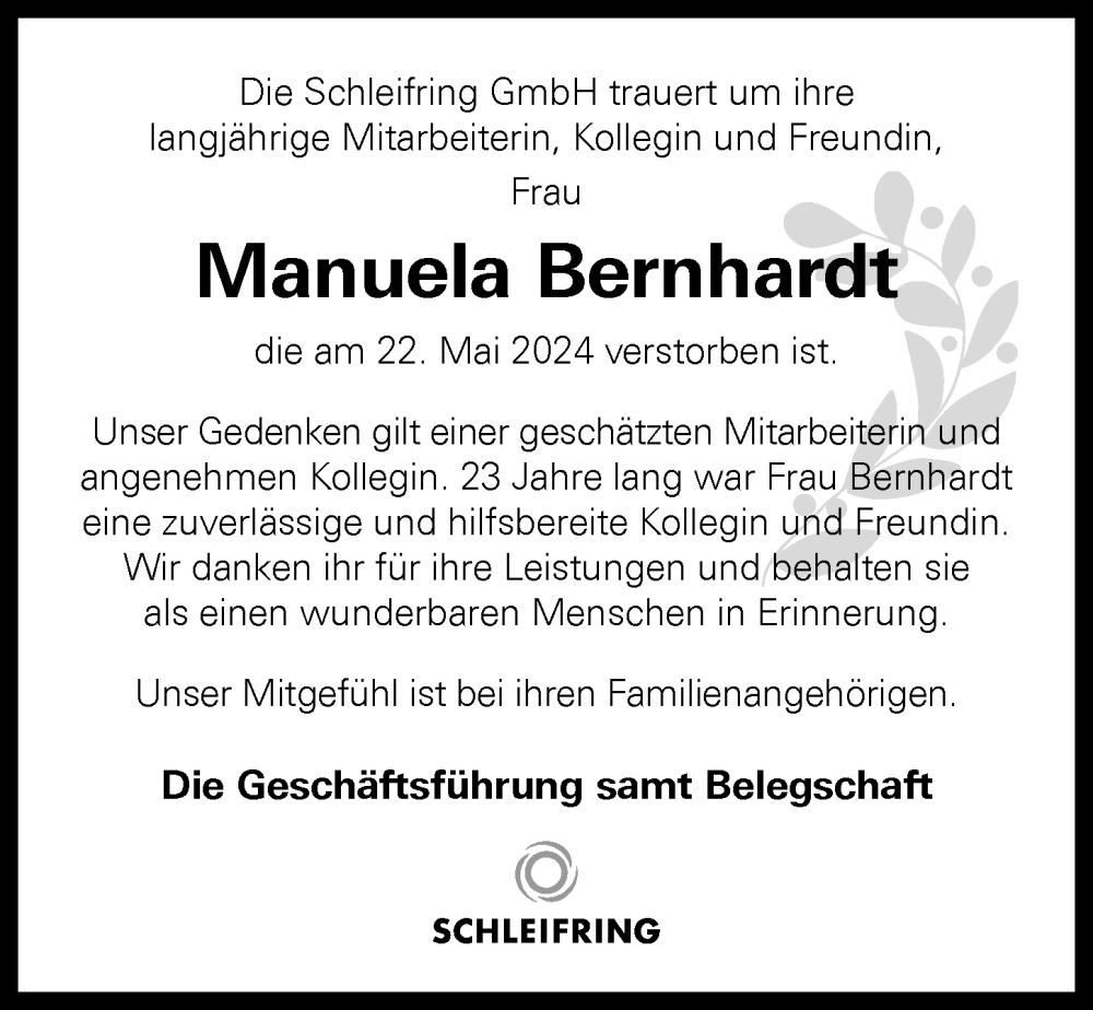 Traueranzeige von Manuela Bernhardt von Allgäuer Zeitung, Marktoberdorf