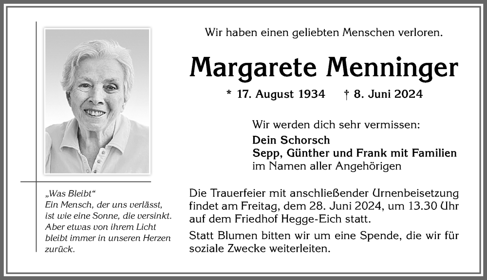 Traueranzeige von Margarete Menninger von Allgäuer Zeitung,Kempten