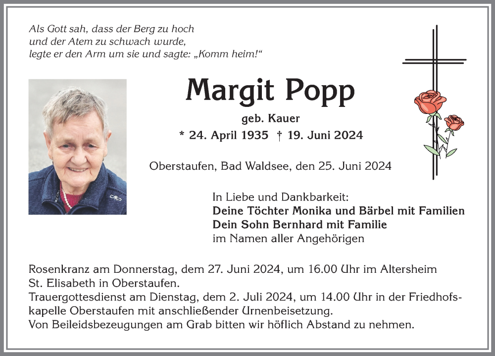 Traueranzeige von Margit Popp von Allgäuer Anzeigeblatt