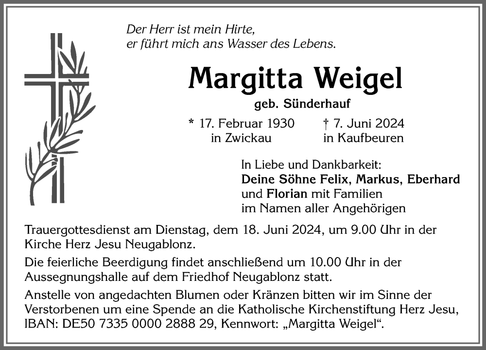 Traueranzeige von Margitta Weigel von Allgäuer Zeitung, Kaufbeuren/Buchloe