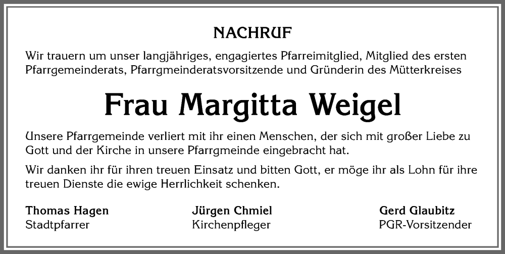 Traueranzeige von Margitta Weigel von Allgäuer Zeitung, Kaufbeuren/Buchloe