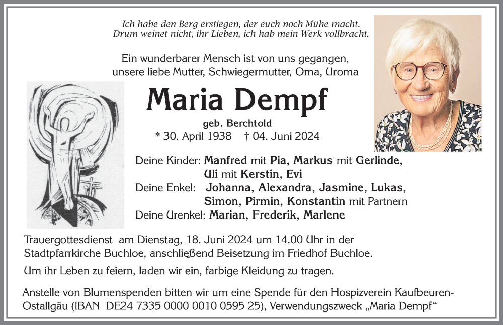 Traueranzeige von Maria Dempf von Allgäuer Zeitung, Kaufbeuren/Buchloe