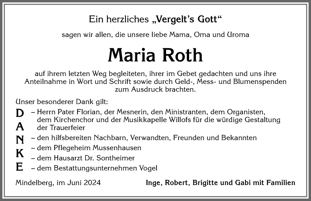 Traueranzeige von Maria Roth von Allgäuer Zeitung, Marktoberdorf