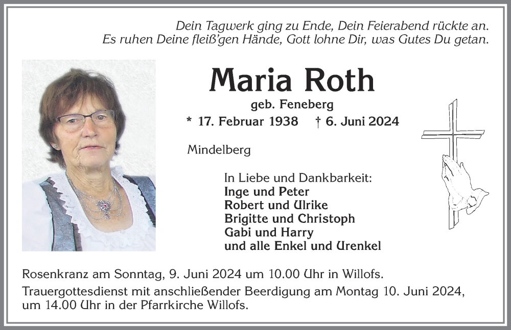 Traueranzeige von Maria Roth von Allgäuer Zeitung, Marktoberdorf