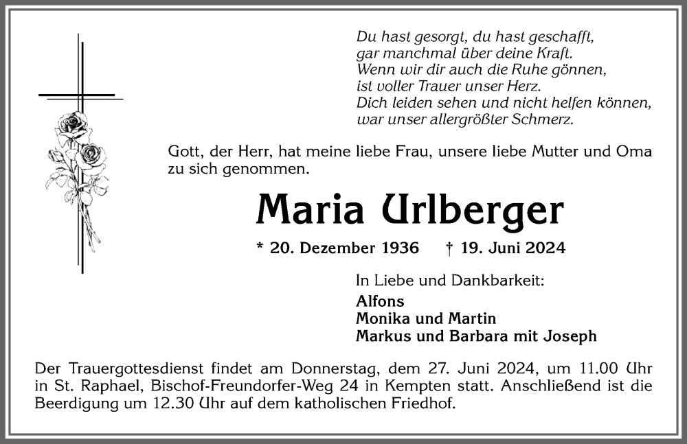 Traueranzeige von Maria Urlberger von Allgäuer Zeitung,Kempten