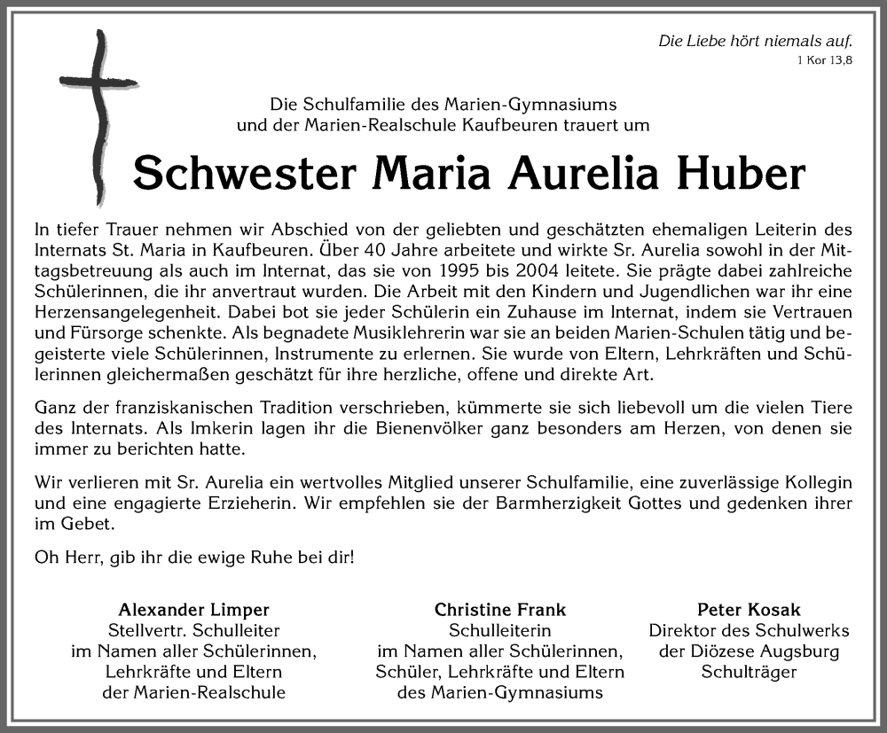 Traueranzeige von Maria Aurelia Huber von Allgäuer Zeitung, Kaufbeuren/Buchloe