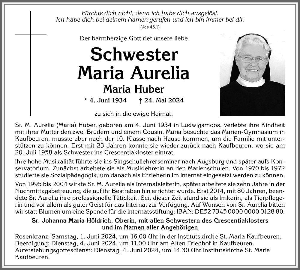 Traueranzeige von Maria Aurelia Huber von Allgäuer Zeitung, Kaufbeuren/Buchloe