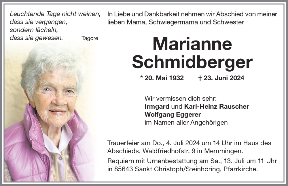 Traueranzeige von Marianne Schmidberg von Memminger Zeitung