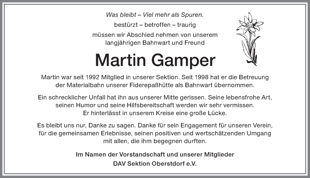 Traueranzeige von Martin Gamper von Allgäuer Anzeigeblatt