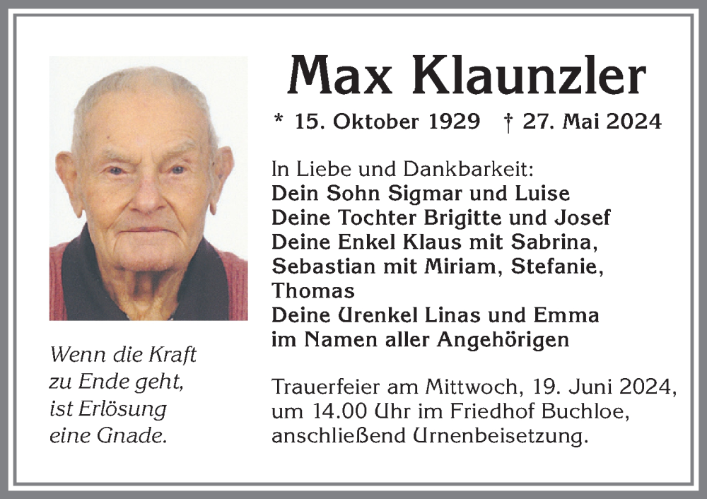 Traueranzeige von Max Klaunzler von Allgäuer Zeitung, Kaufbeuren/Buchloe