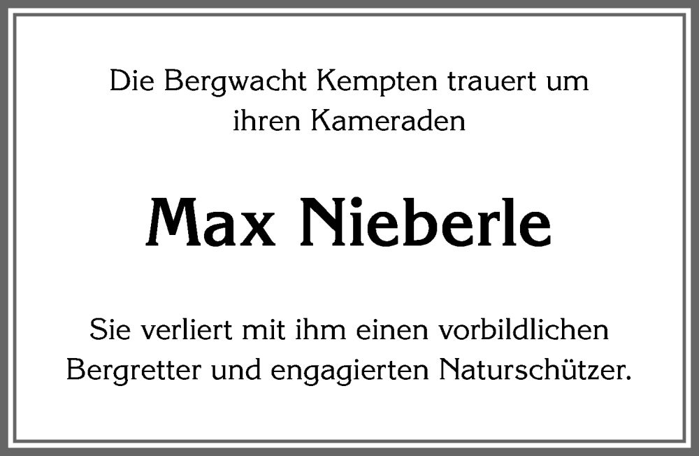 Traueranzeige von Max Nieberle von Allgäuer Zeitung,Kempten