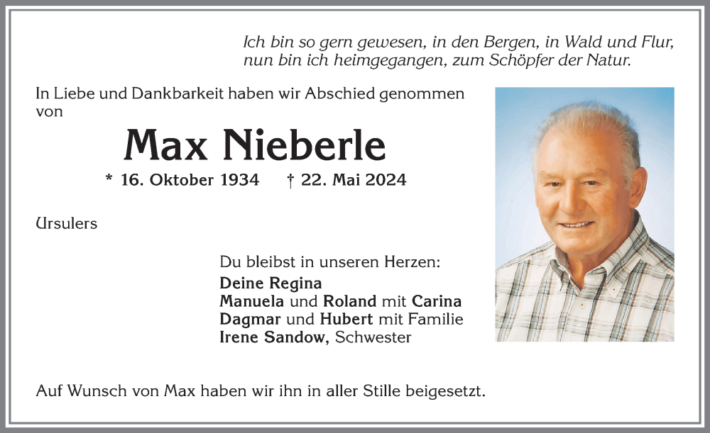 Traueranzeige von Max Nieberle von Allgäuer Zeitung,Kempten