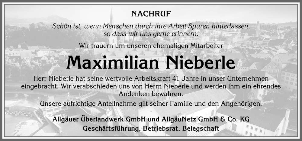 Traueranzeige von Maximilian Nieberle von Allgäuer Zeitung,Kempten