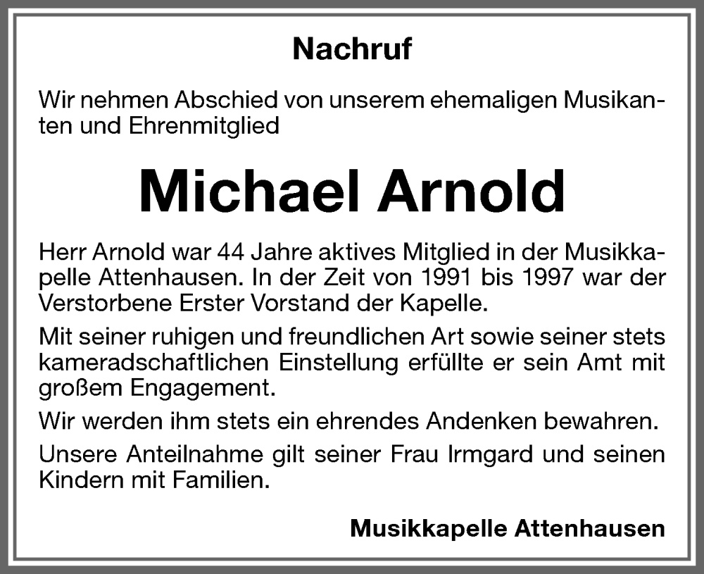 Traueranzeige von Michael Arnold von Memminger Zeitung