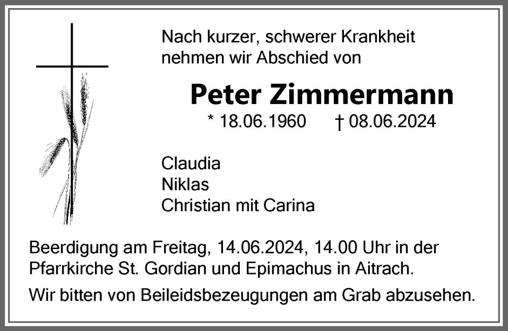 Traueranzeige von Peter Zimmermann von Memminger Zeitung