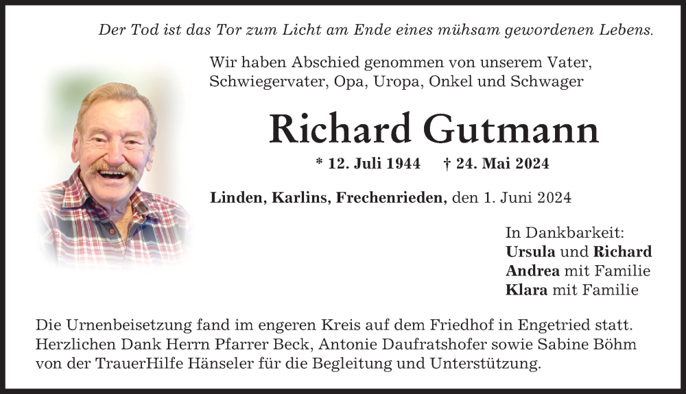 Traueranzeige von Richard Gutmann von Memminger Zeitung