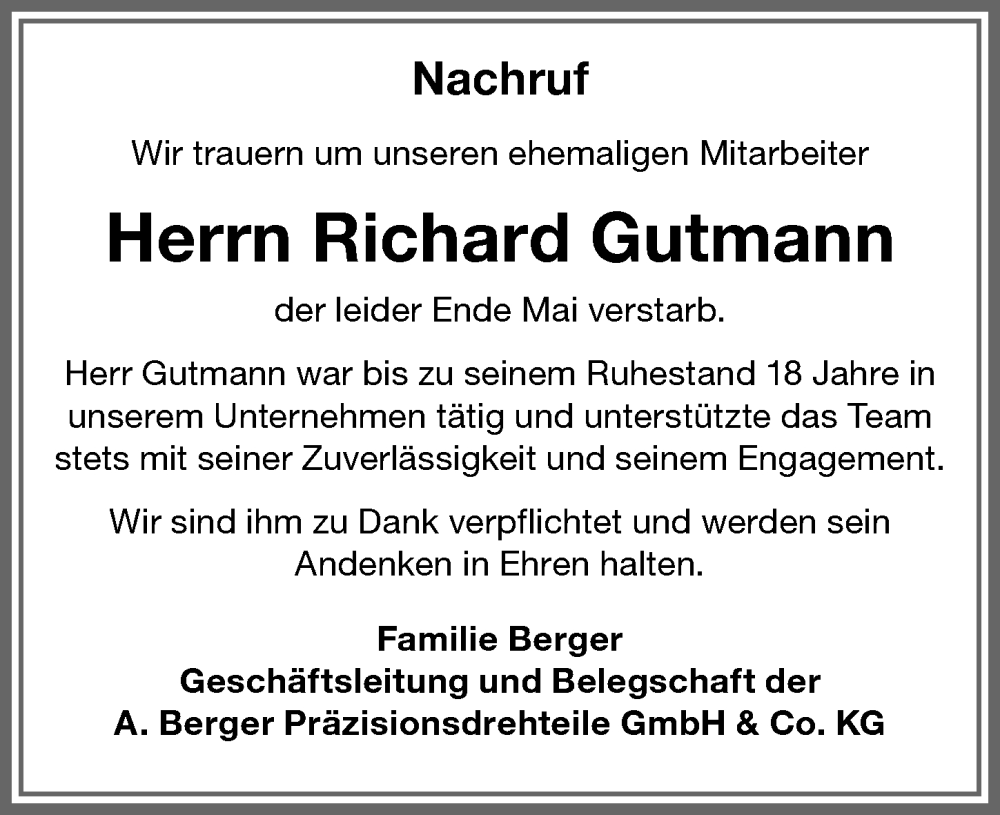 Traueranzeige von Richard Gutmann von Memminger Zeitung