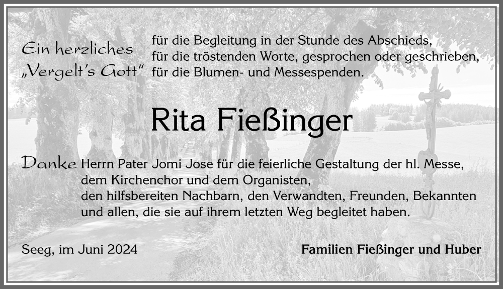 Traueranzeige von Rita Fießinger von Allgäuer Zeitung, Füssen