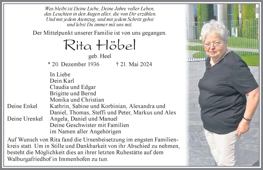 Traueranzeige von Rita Höbel von Allgäuer Zeitung, Marktoberdorf