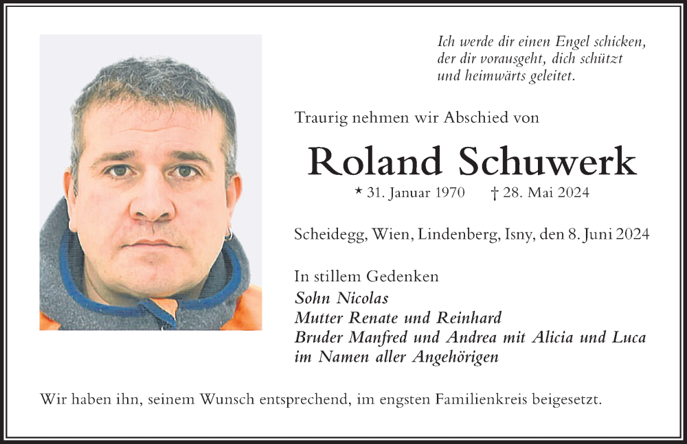 Traueranzeige von Roland Schuwerk von Der Westallgäuer