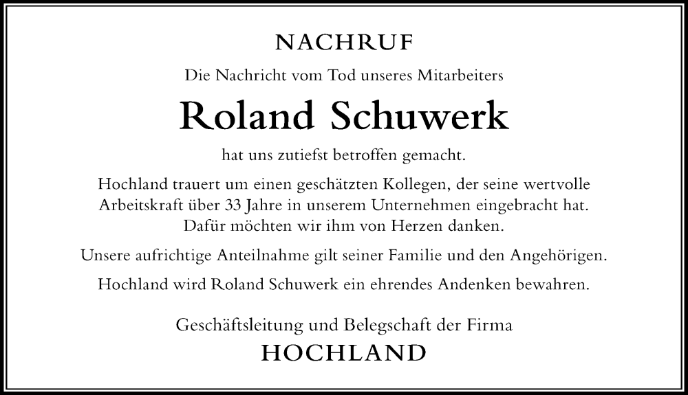 Traueranzeige von Roland Schuwerk von Der Westallgäuer