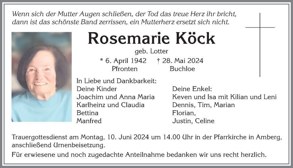 Traueranzeige von Rosemarie Köck von Mindelheimer Zeitung, Augsburger Allgemeine