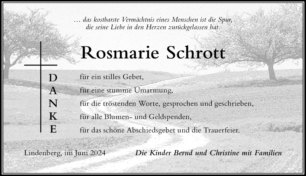 Traueranzeige von Rosmarie Schrott von Der Westallgäuer