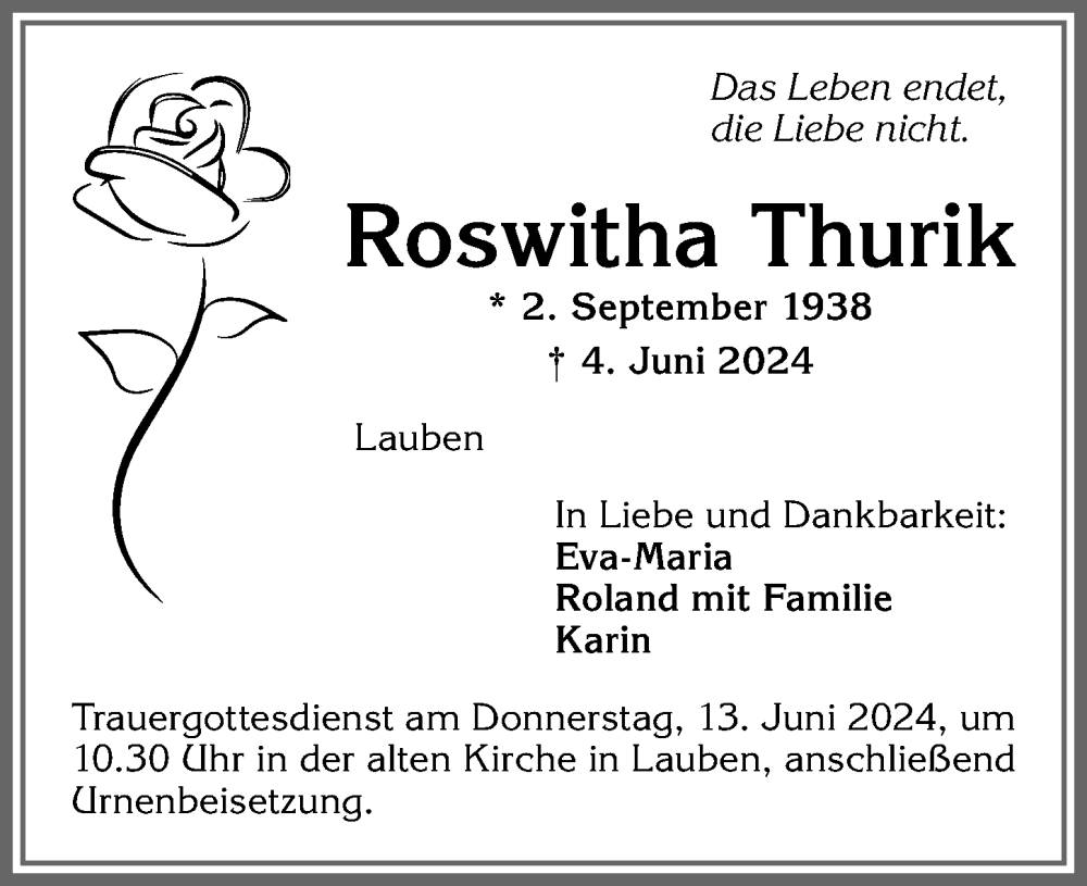 Traueranzeige von Roswitha Thurik von Allgäuer Zeitung,Kempten