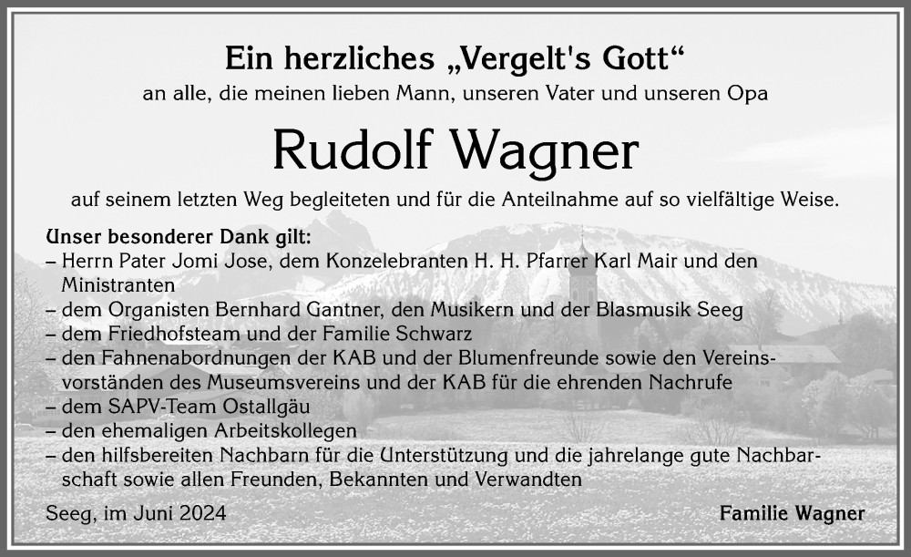 Traueranzeige von Rudolf Wagner von Allgäuer Zeitung, Füssen