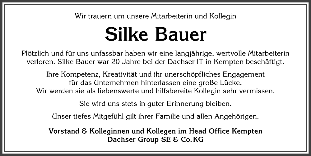 Traueranzeige von Silke Bauer von Allgäuer Zeitung,Kempten