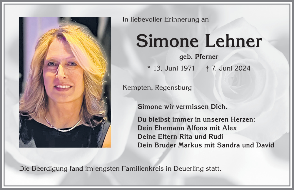 Traueranzeige von Simone Lehner von Allgäuer Zeitung,Kempten