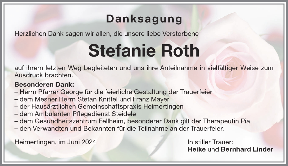 Traueranzeige von Stefanie Roth von Memminger Zeitung