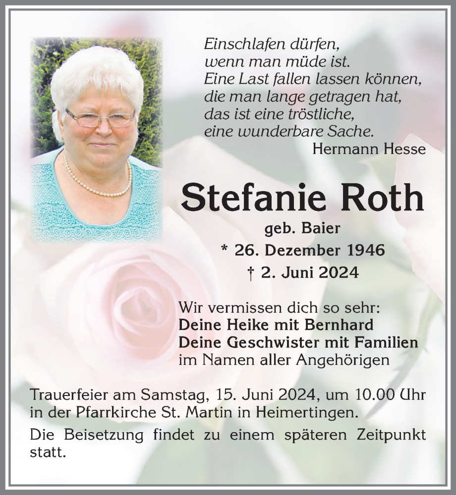 Traueranzeige von Stefanie Roth von Memminger Zeitung