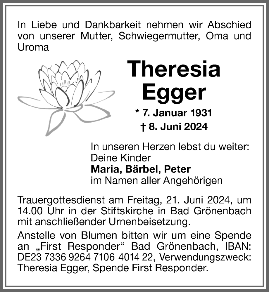 Traueranzeige von Theresia Egger von Memminger Zeitung