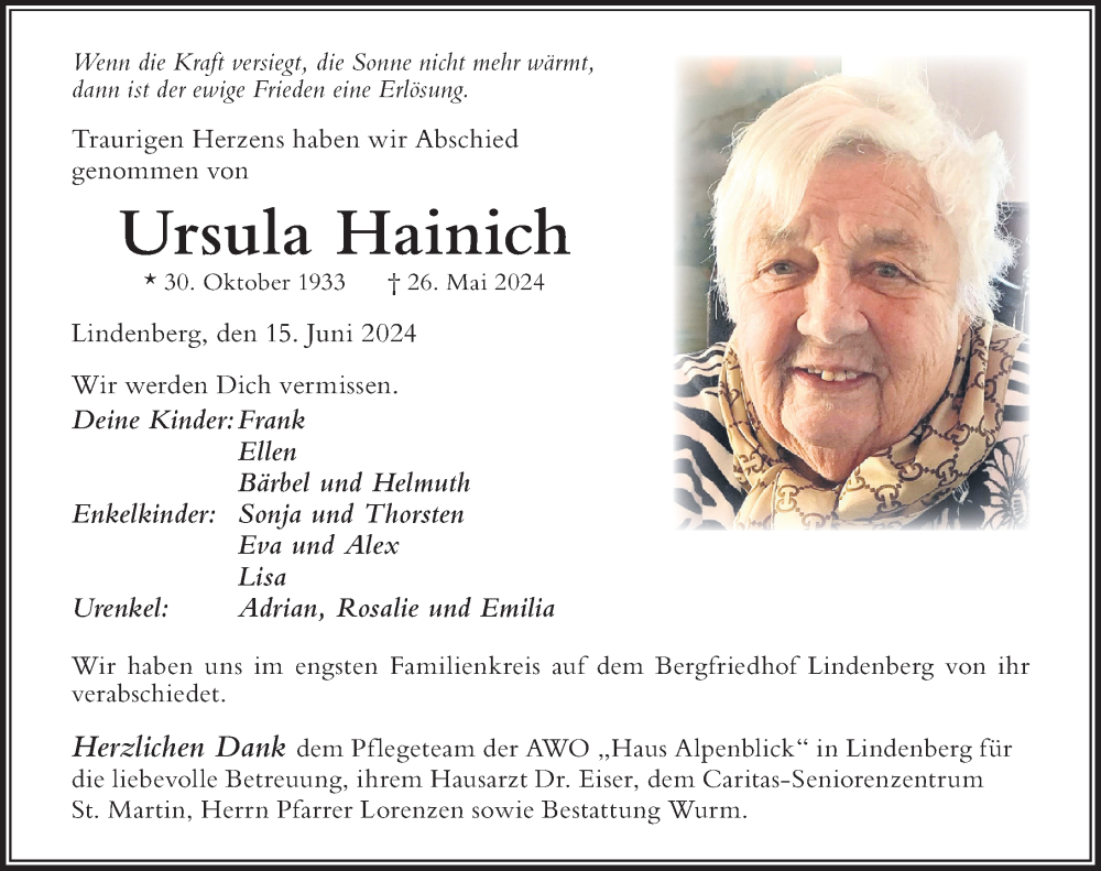 Traueranzeige von Ursula Hainich von Der Westallgäuer