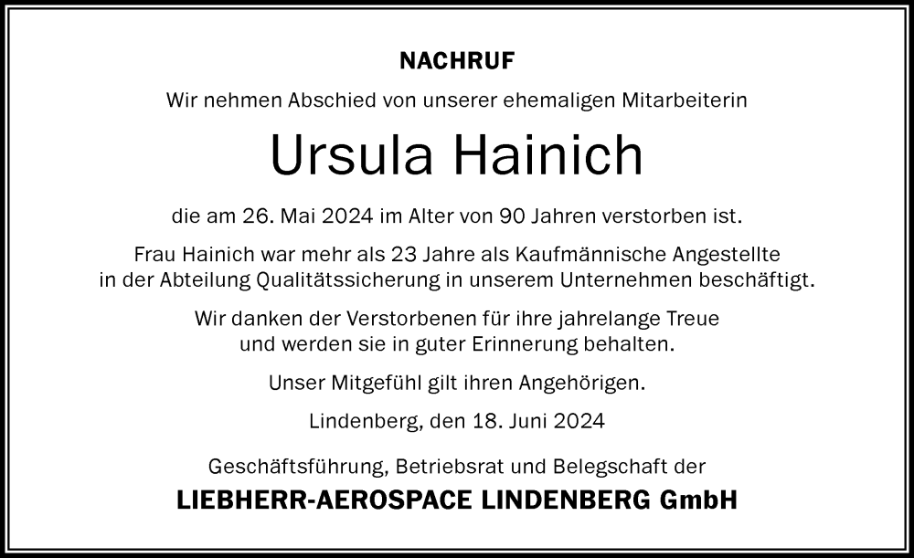 Traueranzeige von Ursula Hainich von Der Westallgäuer