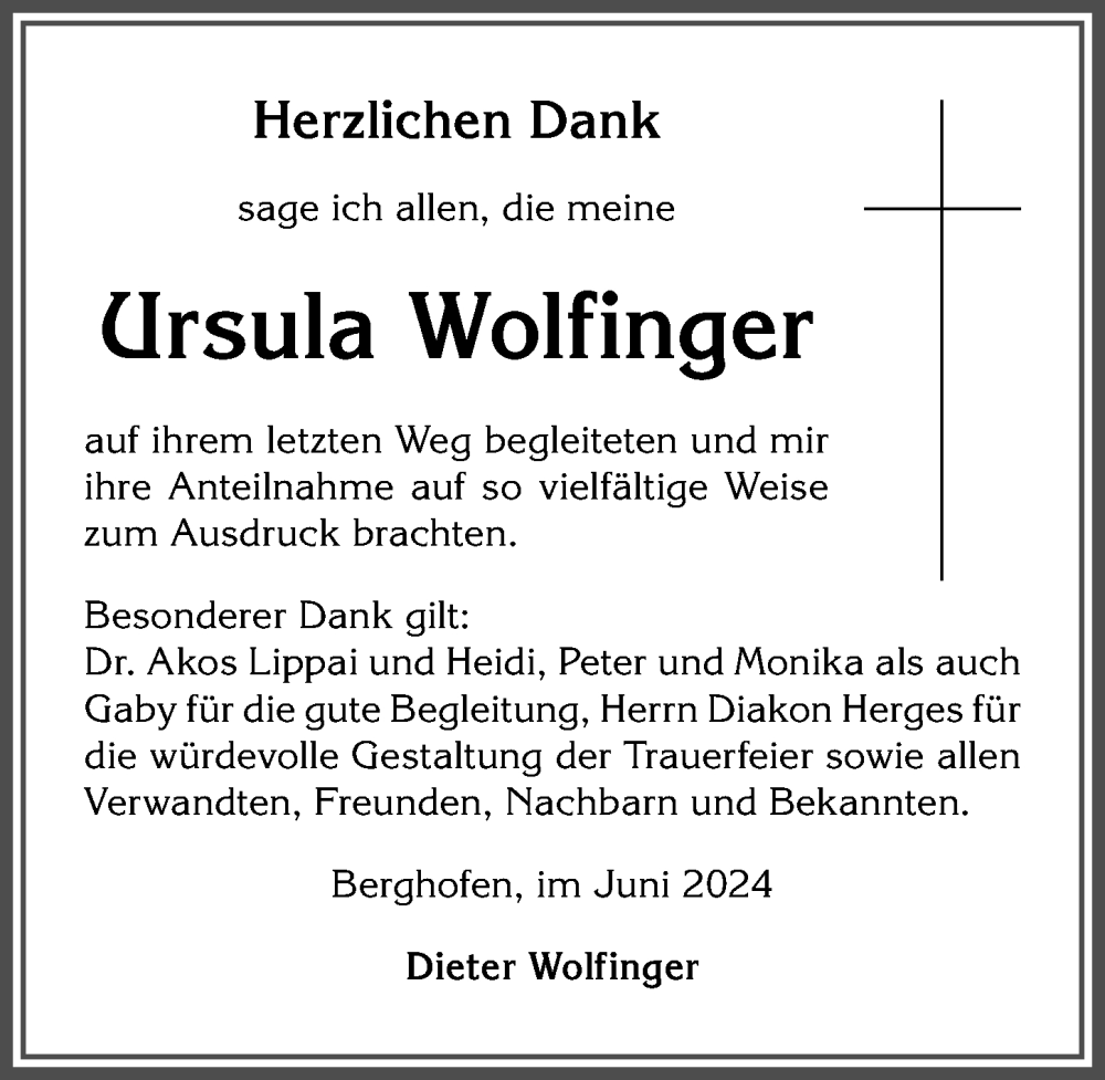 Traueranzeigen von Ursula Wolfinger | Augsburger Allgemeine Zeitung