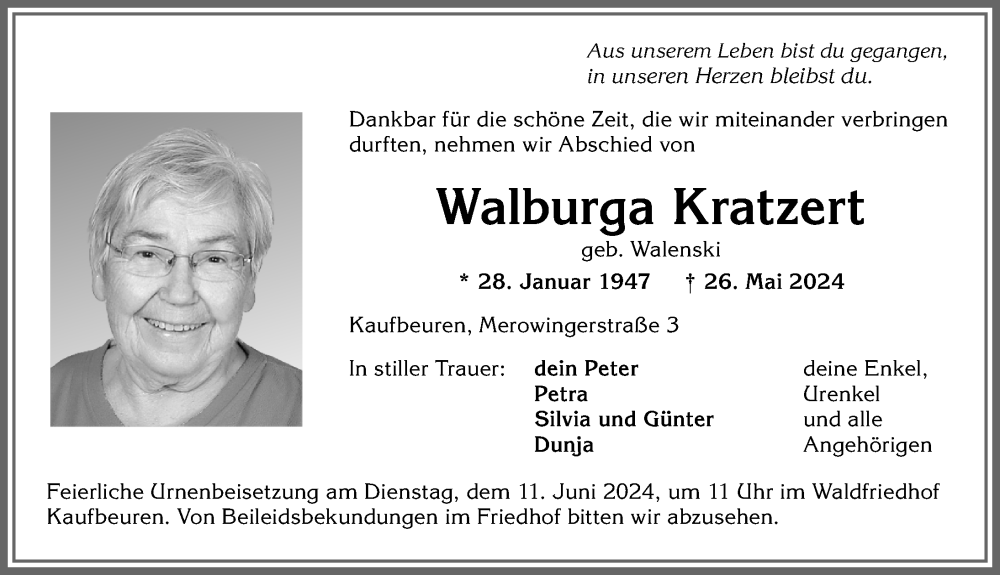 Traueranzeige von Walburga Kratzert von Allgäuer Zeitung, Kaufbeuren/Buchloe