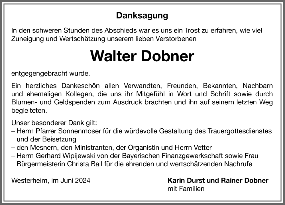 Traueranzeige von Walter Dobner von Memminger Zeitung