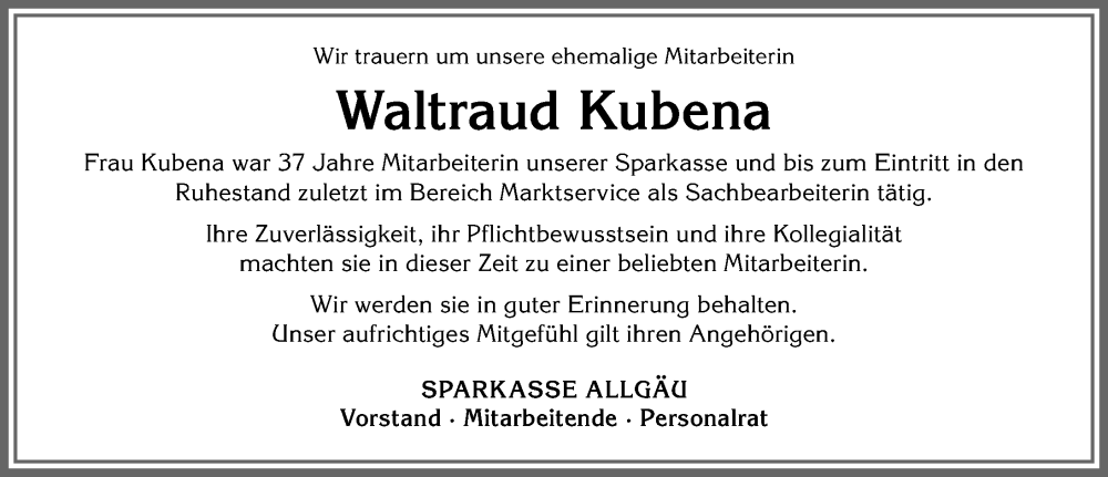 Traueranzeige von Waltraud Kubena von Allgäuer Zeitung,Kempten