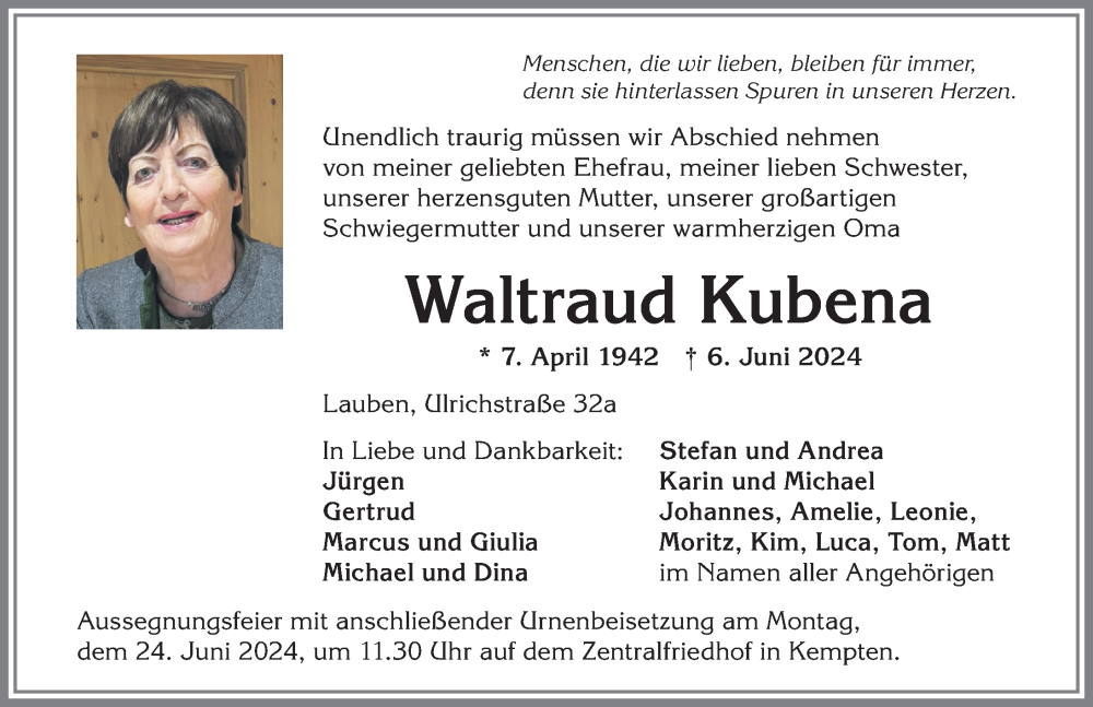 Traueranzeige von Waltraud Kubena von Allgäuer Zeitung,Kempten